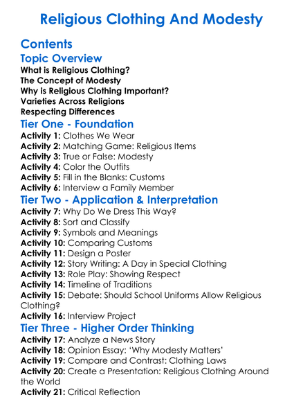 Religious Clothing And Modesty Worksheet Activity Booklet