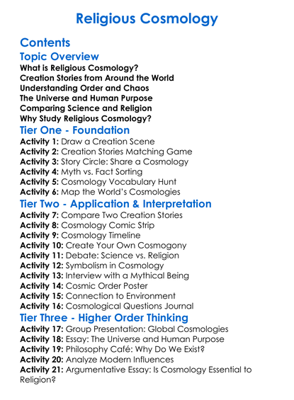 Religious Cosmology Worksheet Activity Booklet