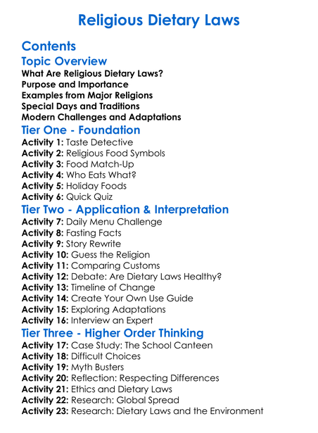 Religious Dietary Laws Worksheet Activity Booklet
