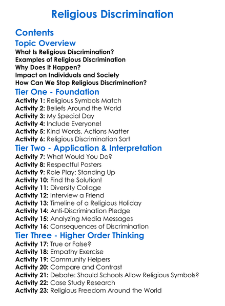 Religious Discrimination Worksheet Activity Booklet