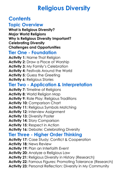 Religious Diversity Worksheet Activity Booklet