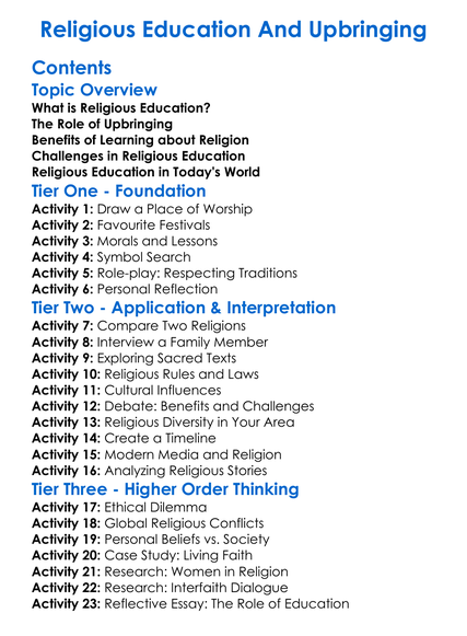 Religious Education And Upbringing Worksheet Activity Booklet
