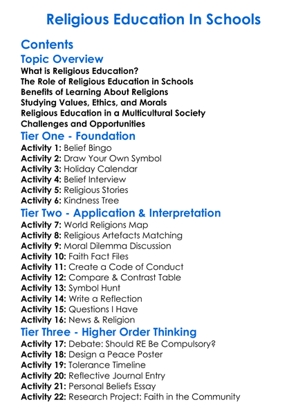 Religious Education In Schools Worksheet Activity Booklet