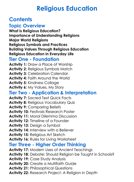 Religious Education Worksheet Activity Booklet