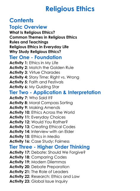 Religious Ethics Worksheet Activity Booklet