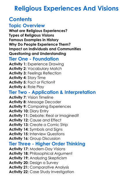 Religious Experiences And Visions Worksheet Activity Booklet