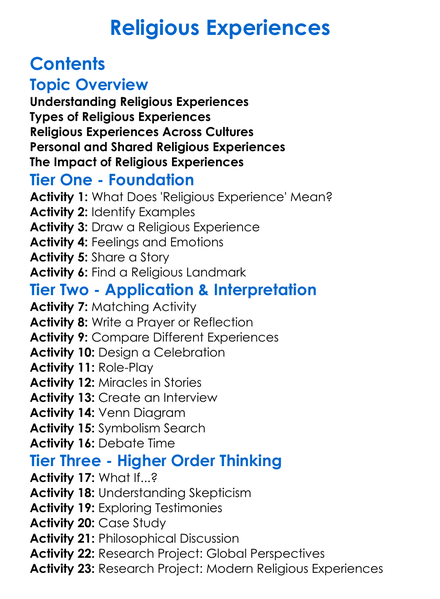 Religious Experiences Worksheet Activity Booklet