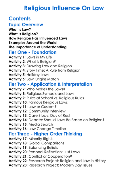 Religious Influence On Law Worksheet Activity Booklet