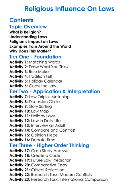 Religious Influence On Laws Worksheet Activity Booklet