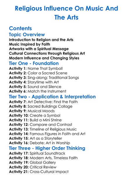 Religious Influence On Music And The Arts Worksheet Activity Booklet