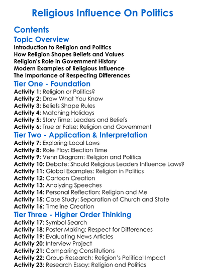 Religious Influence On Politics Worksheet Activity Booklet