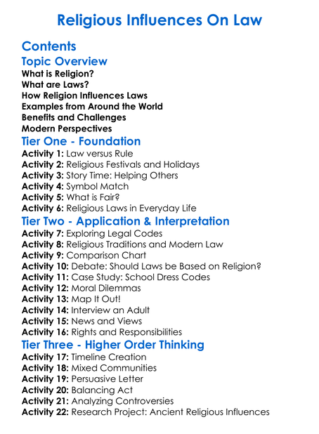 Religious Influences On Law Worksheet Activity Booklet