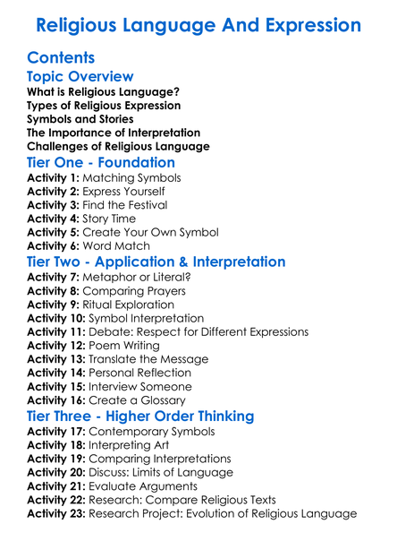 Religious Language And Expression Worksheet Activity Booklet