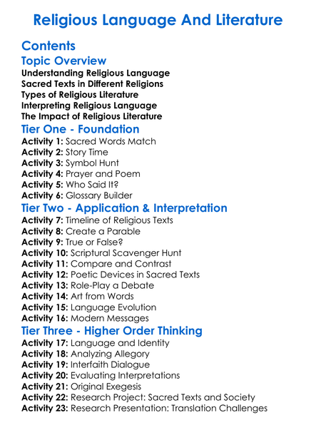Religious Language And Literature Worksheet Activity Booklet