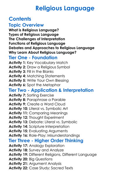 Religious Language Worksheet Activity Booklet