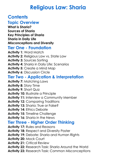 Religious Law Sharia Worksheet Activity Booklet