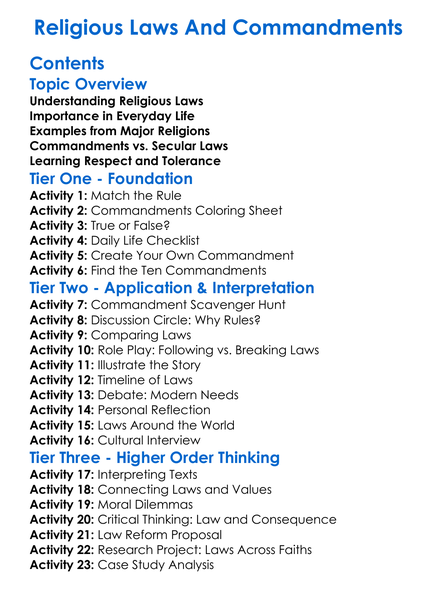 Religious Laws And Commandments Worksheet Activity Booklet