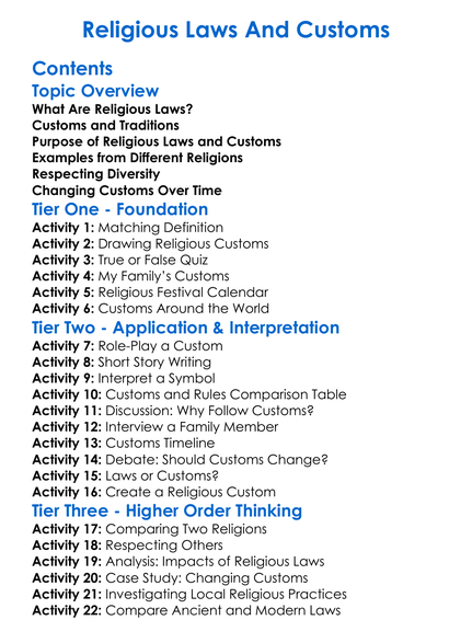 Religious Laws And Customs Worksheet Activity Booklet