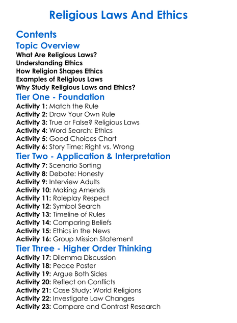 Religious Laws And Ethics Worksheet Activity Booklet