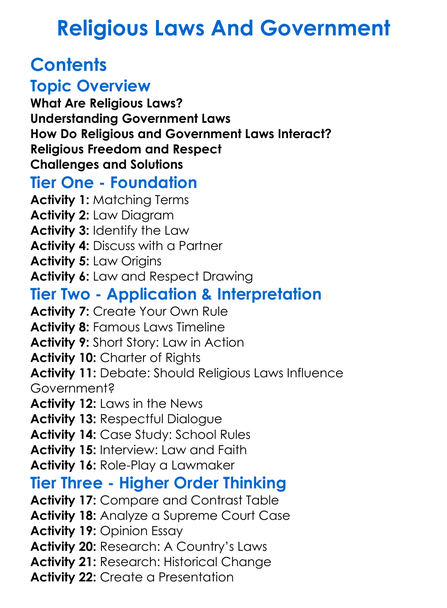 Religious Laws And Government Worksheet Activity Booklet