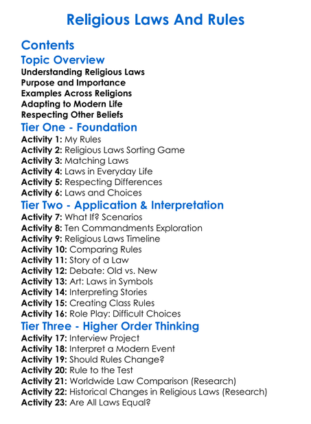 Religious Laws And Rules Worksheet Activity Booklet