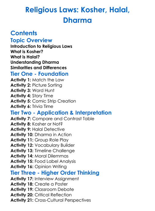 Religious Laws Kosher Halal Dharma Worksheet Activity Booklet