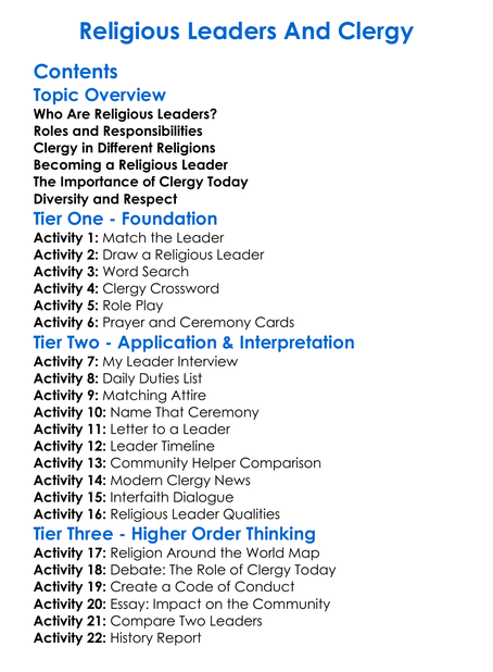 Religious Leaders And Clergy Worksheet Activity Booklet
