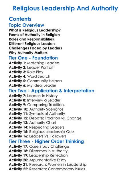 Religious Leadership And Authority Worksheet Activity Booklet