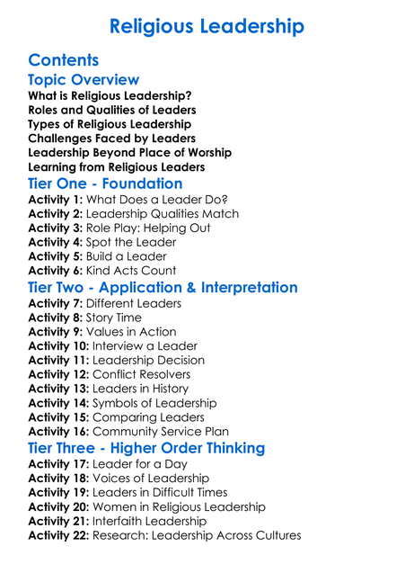 Religious Leadership Worksheet Activity Booklet
