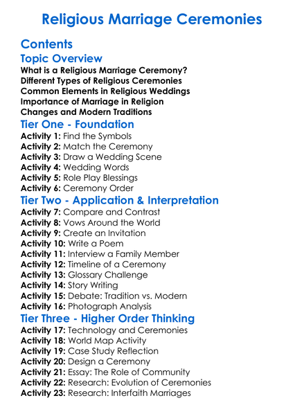 Religious Marriage Ceremonies Worksheet Activity Booklet