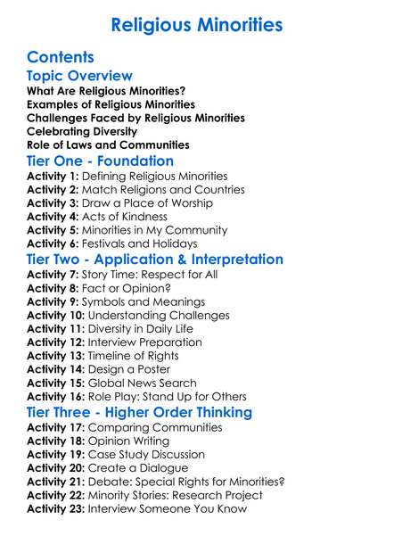 Religious Minorities Worksheet Activity Booklet