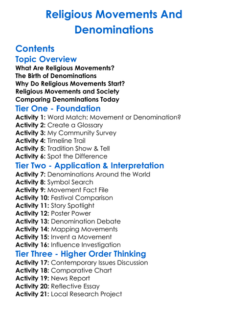 Religious Movements And Denominations Worksheet Activity Booklet
