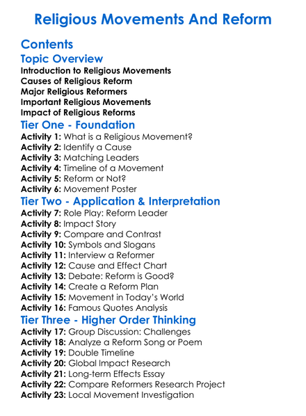 Religious Movements And Reform Worksheet Activity Booklet