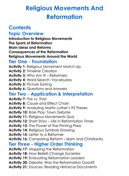 Religious Movements And Reformation Worksheet Activity Booklet