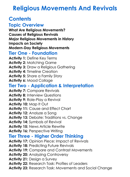 Religious Movements And Revivals Worksheet Activity Booklet