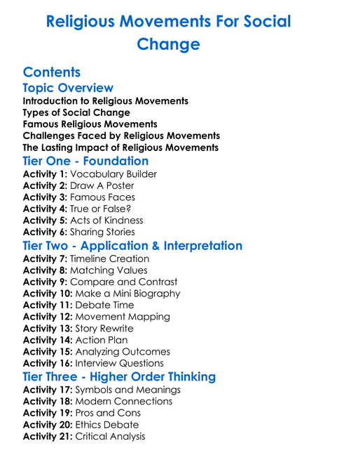 Religious Movements For Social Change Worksheet Activity Booklet