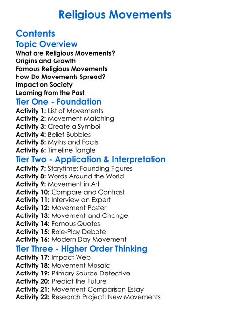 Religious Movements Worksheet Activity Booklet