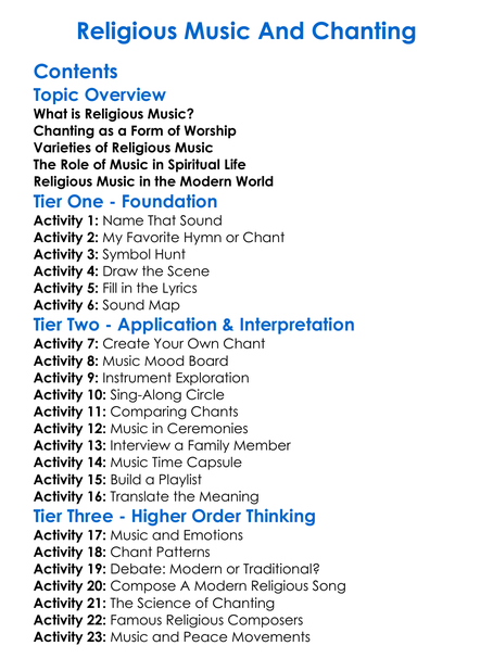 Religious Music And Chanting Worksheet Activity Booklet