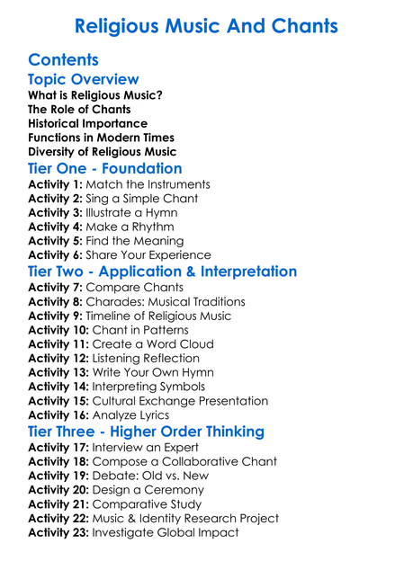 Religious Music And Chants Worksheet Activity Booklet