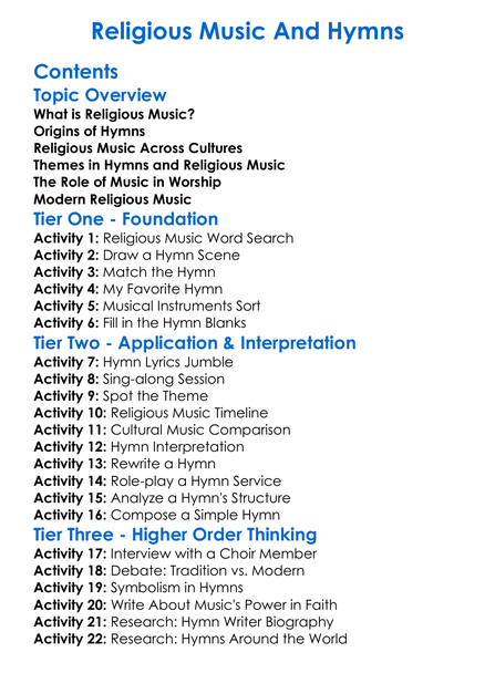 Religious Music And Hymns Worksheet Activity Booklet