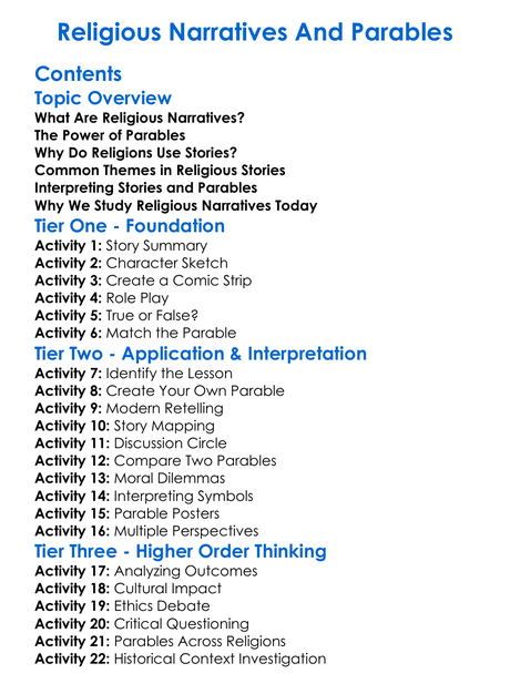 Religious Narratives And Parables Worksheet Activity Booklet