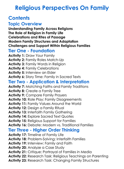 Religious Perspectives On Family Worksheet Activity Booklet
