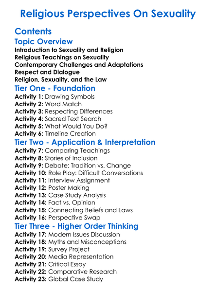 Religious Perspectives On Sexuality Worksheet Activity Booklet