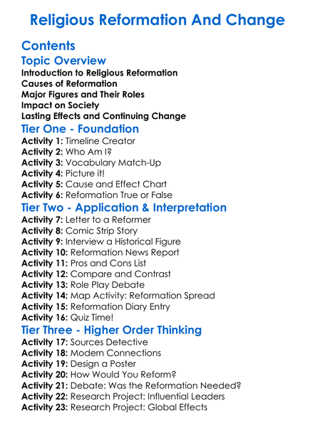 Religious Reformation And Change Worksheet Activity Booklet