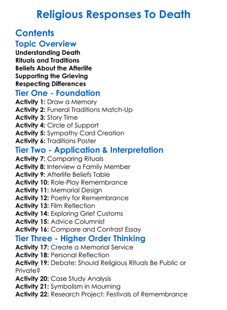 Religious Responses To Death Worksheet Activity Booklet
