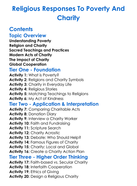 Religious Responses To Poverty And Charity Worksheet Activity Booklet
