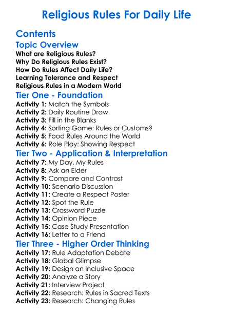 Religious Rules For Daily Life Worksheet Activity Booklet