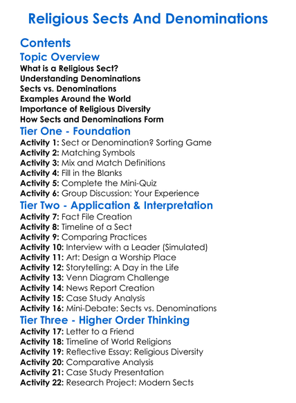 Religious Sects And Denominations Worksheet Activity Booklet