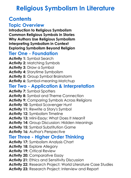 Religious Symbolism In Literature Worksheet Activity Booklet
