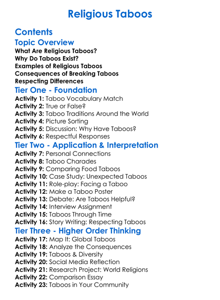 Religious Taboos Worksheet Activity Booklet